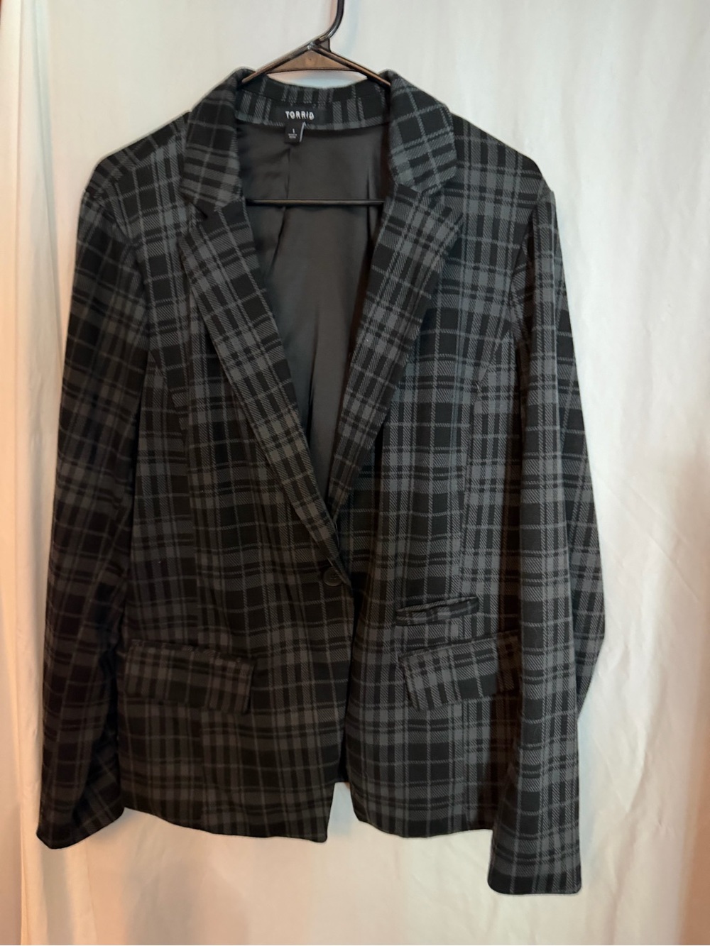 torrid Gray and Black Plaid Single-Button Blazer